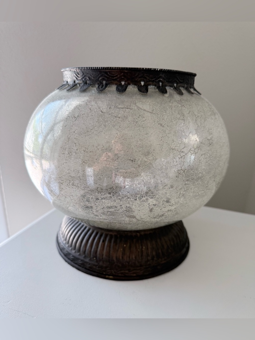 Pottery Barn | Serena Mercury Glass Large Crackle Finish Vase Metallic Rim Base